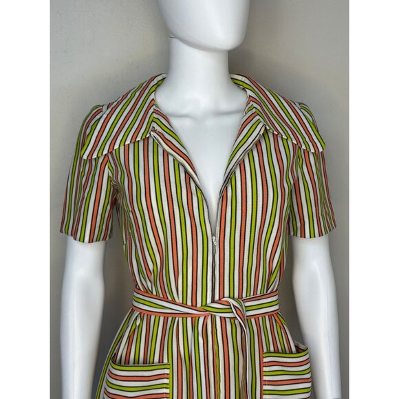 Vintage 1970s Striped Mod Dress, Large Collar, Handmade, S/M, Double Knit Zip Up - Picture 3 of 7
